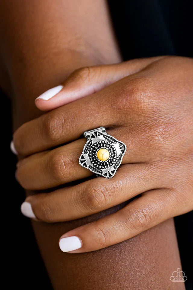 Paparazzi ♥ Four Corners Fashion - Yellow - Cracked Stone ♥ Ring